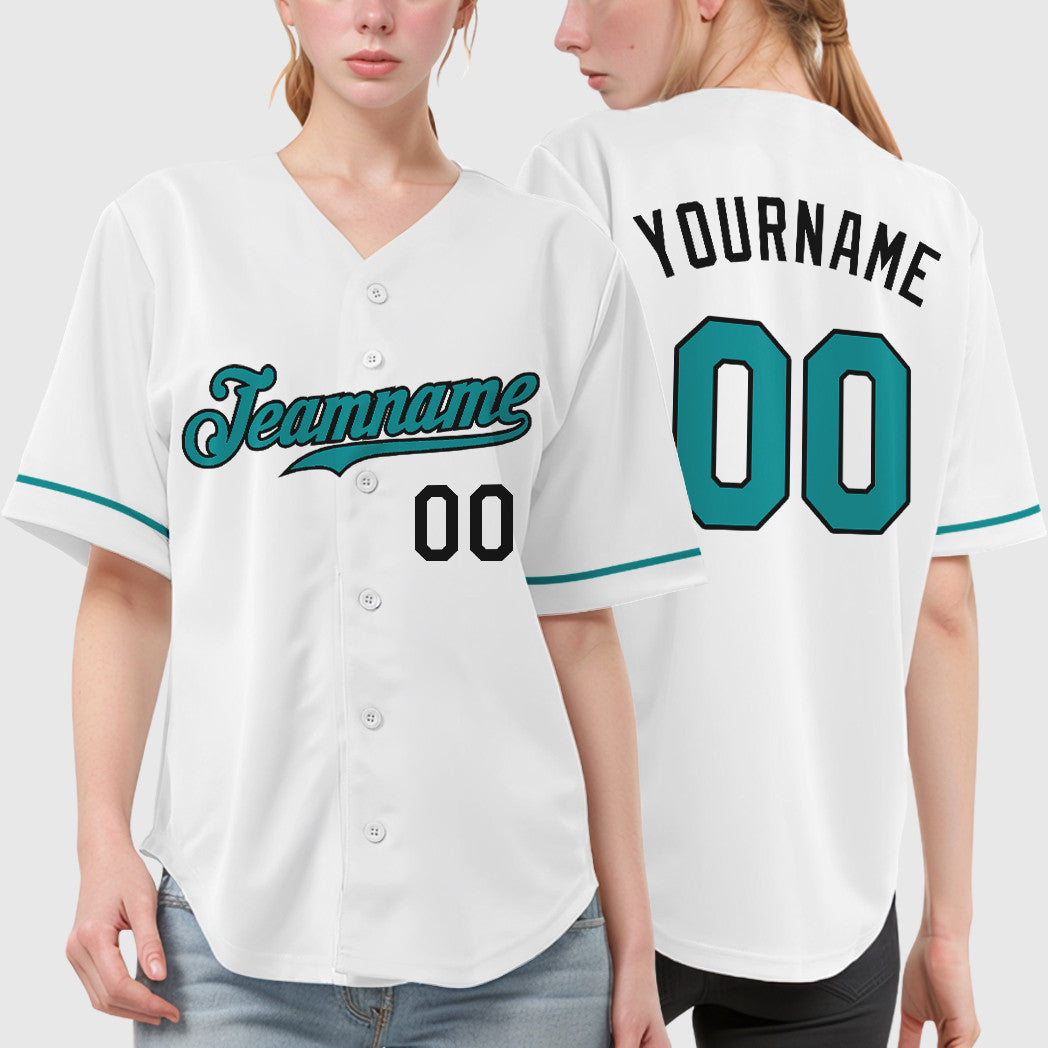 Custom White Black Teal Baseball Jersey