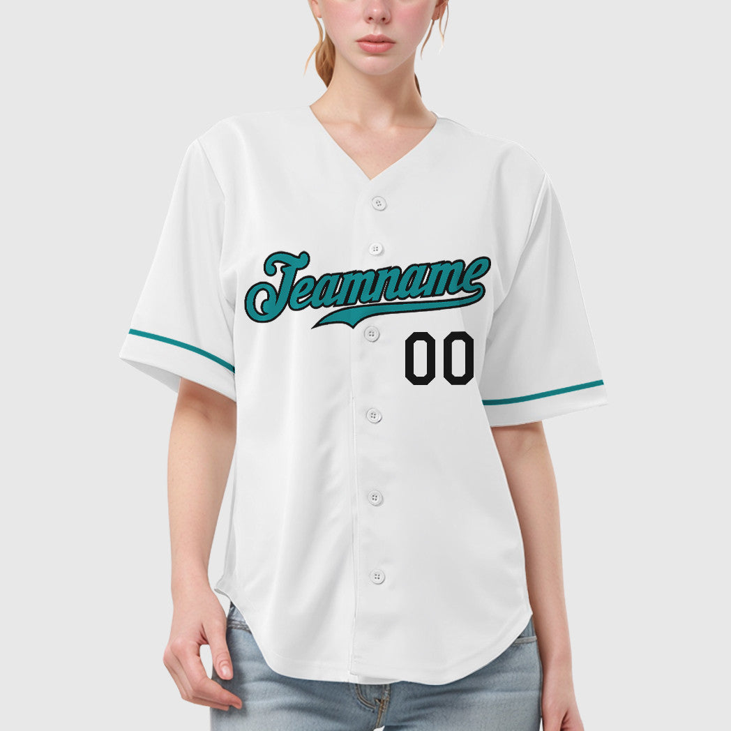 Custom White Black Teal Baseball Jersey