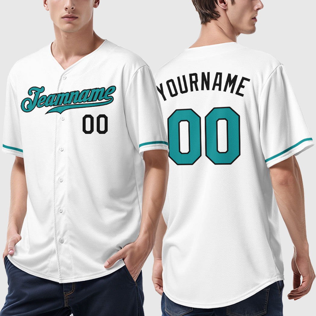 Custom White Black Teal Baseball Jersey