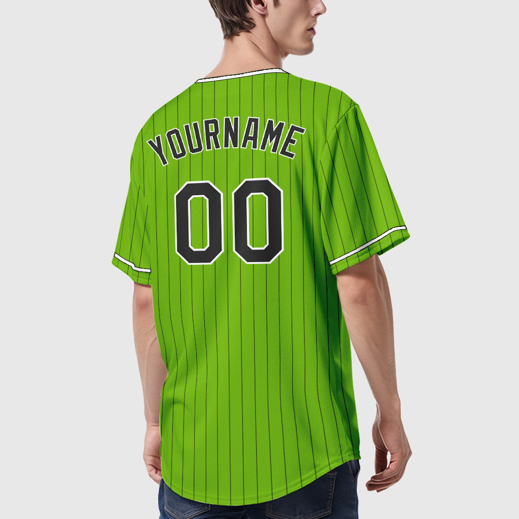 Custom Neon Green Black Black-White Pinstripe Baseball Jersey