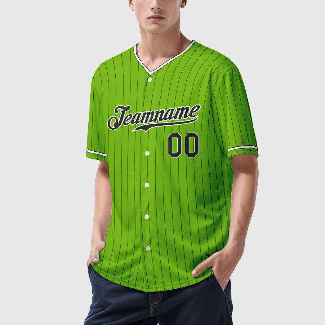 Custom Neon Green Black Black-White Pinstripe Baseball Jersey