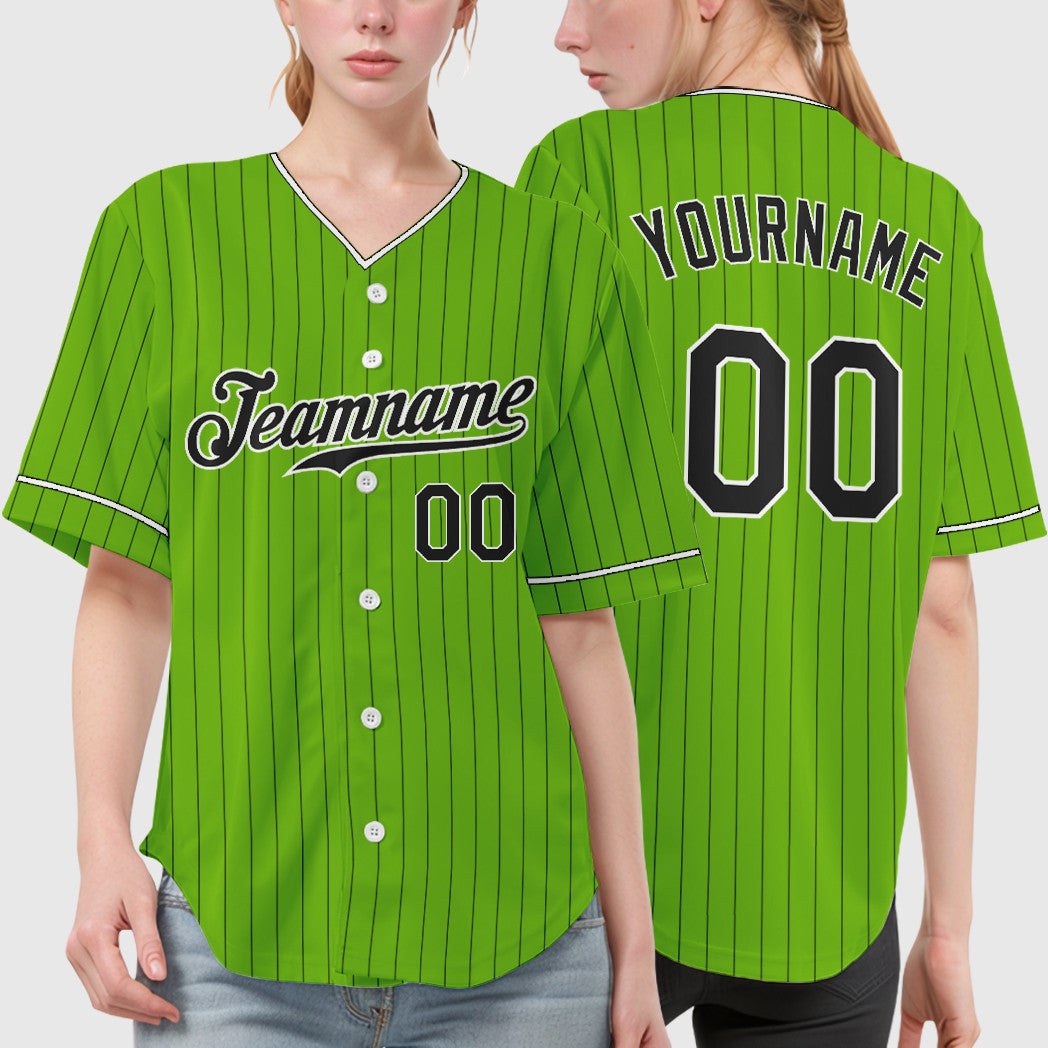 Custom Neon Green Black Black-White Pinstripe Baseball Jersey