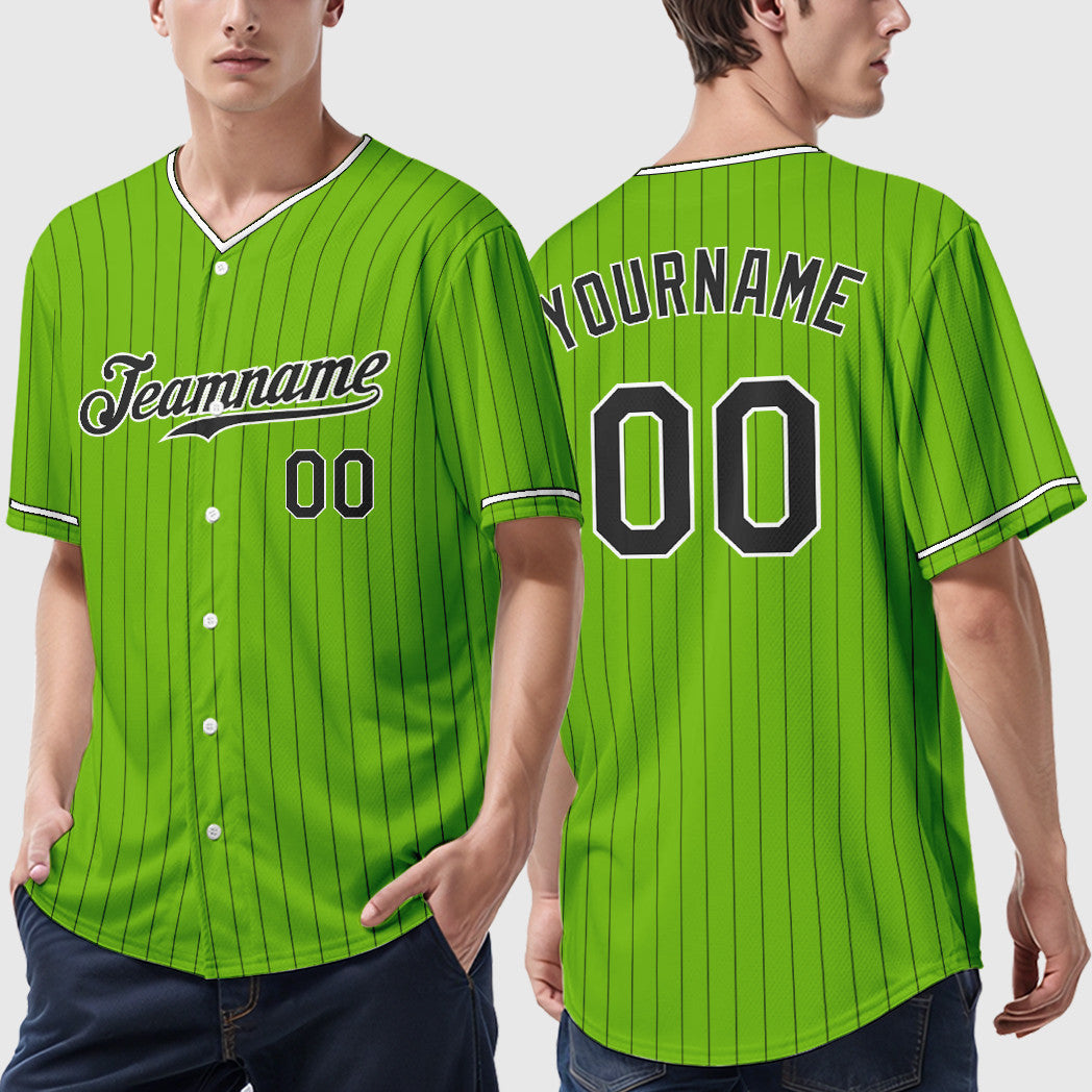 Custom Neon Green Black Black-White Pinstripe Baseball Jersey
