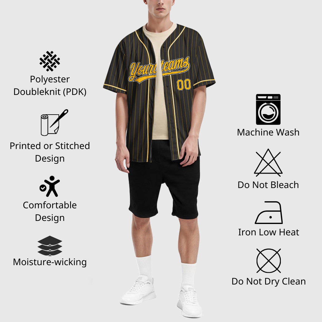 Custom Black Gold Gold-White Piping Pinstripe Baseball Jersey