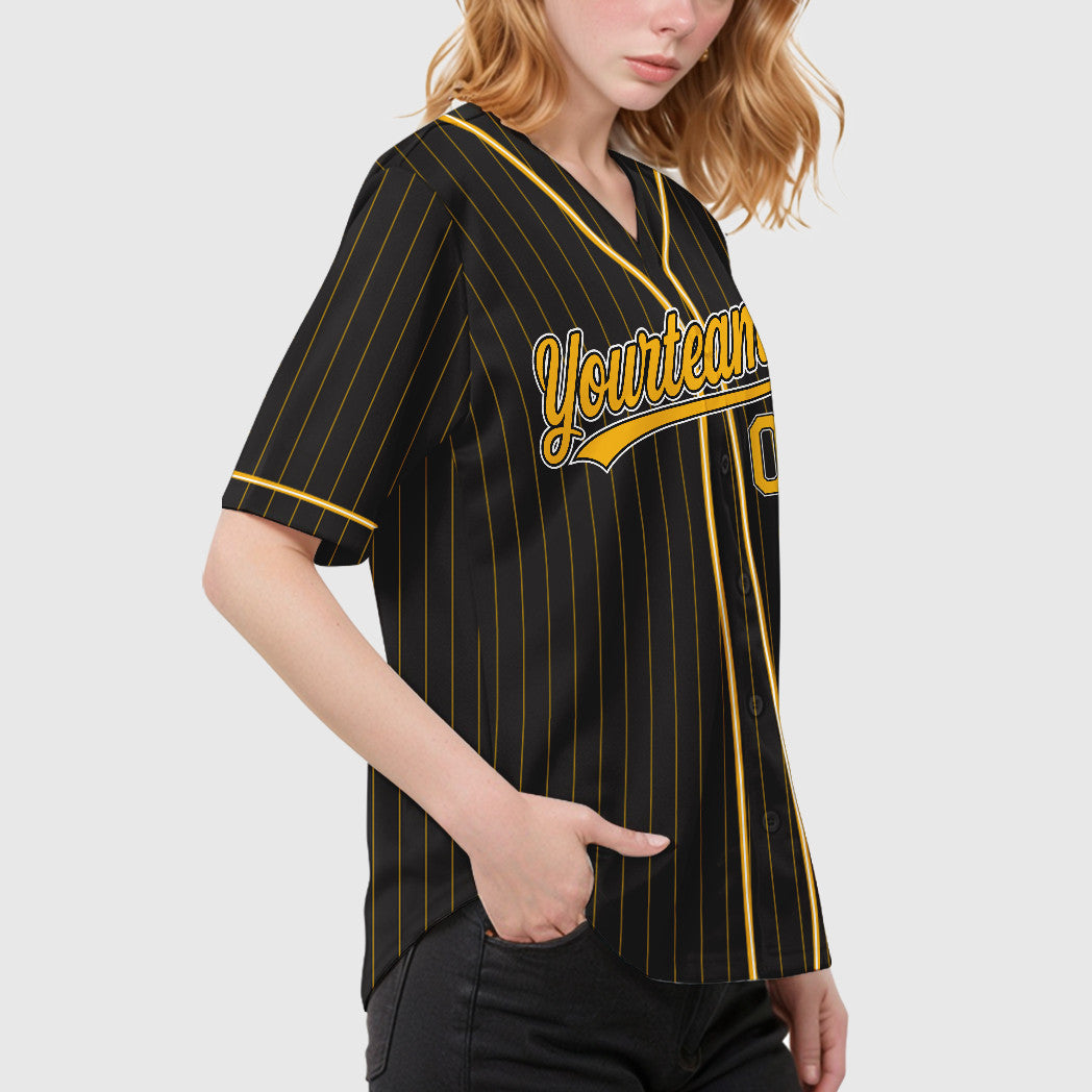Custom Black Gold Gold-White Piping Pinstripe Baseball Jersey