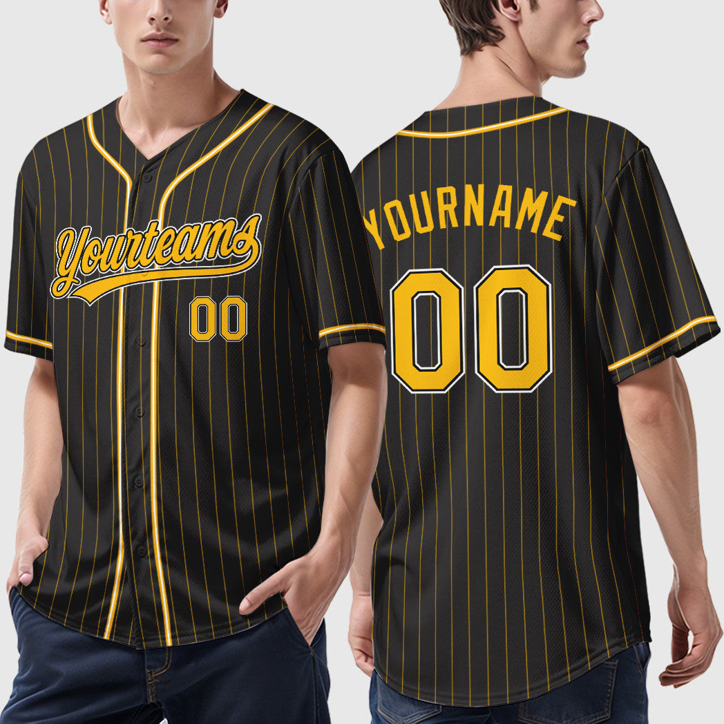 Custom Black Gold Gold-White Piping Pinstripe Baseball Jersey