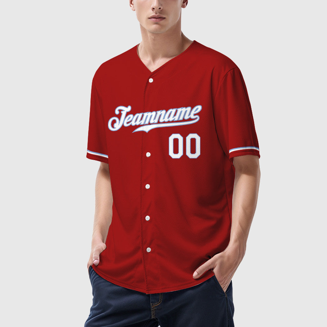 Custom Red White White-Light Blue Baseball Jersey