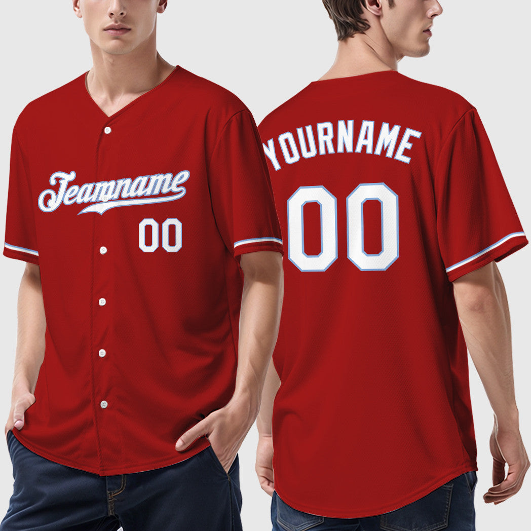 Custom Red White White-Light Blue Baseball Jersey