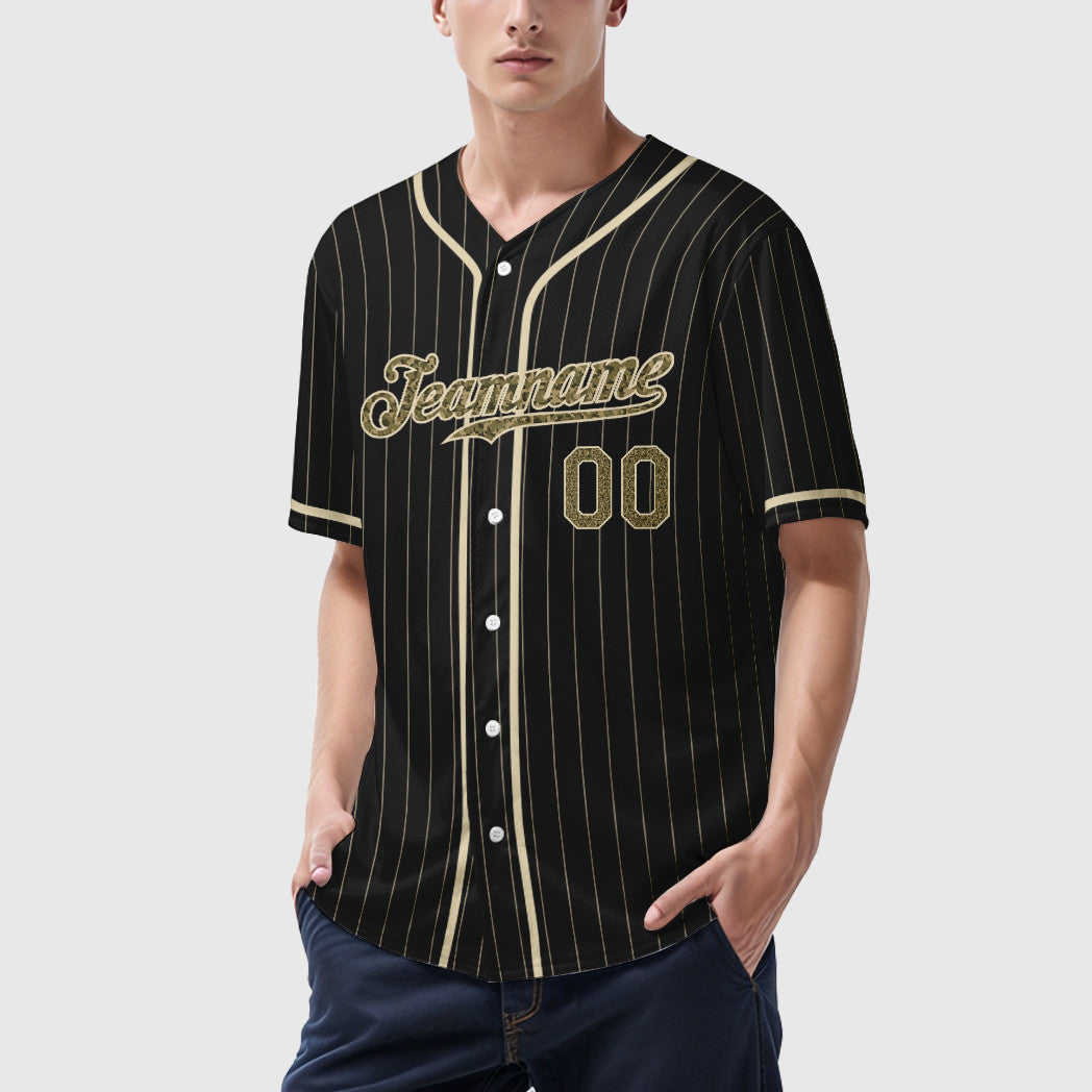 Custom Black Cream Camo-Cream Piping Pinstripe Baseball Jersey