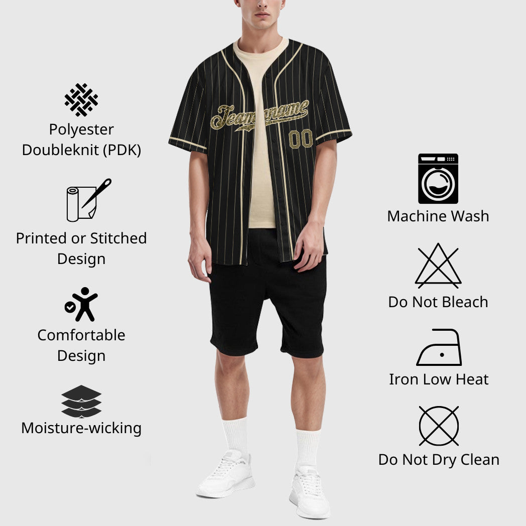Custom Black Cream Camo-Cream Piping Pinstripe Baseball Jersey