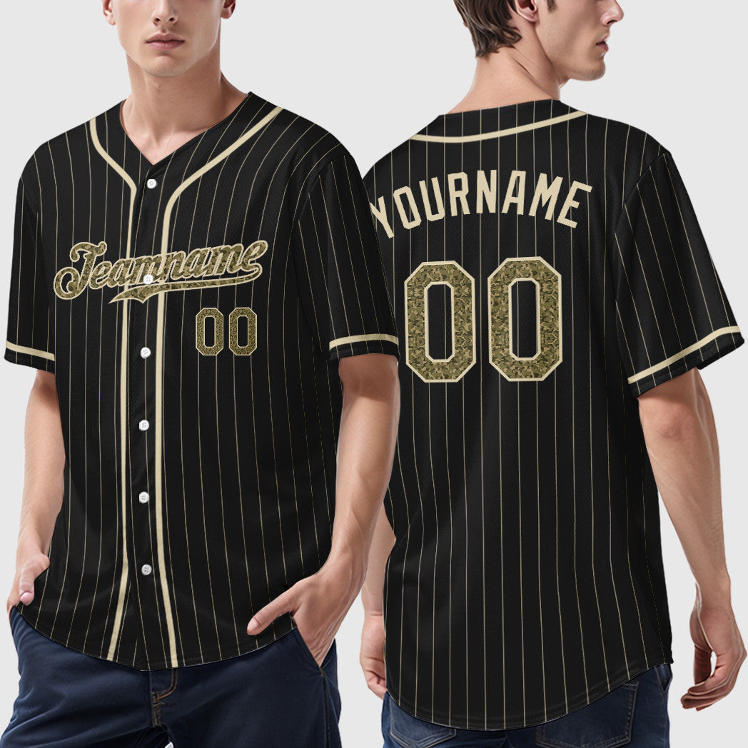 Custom Black Cream Camo-Cream Piping Pinstripe Baseball Jersey