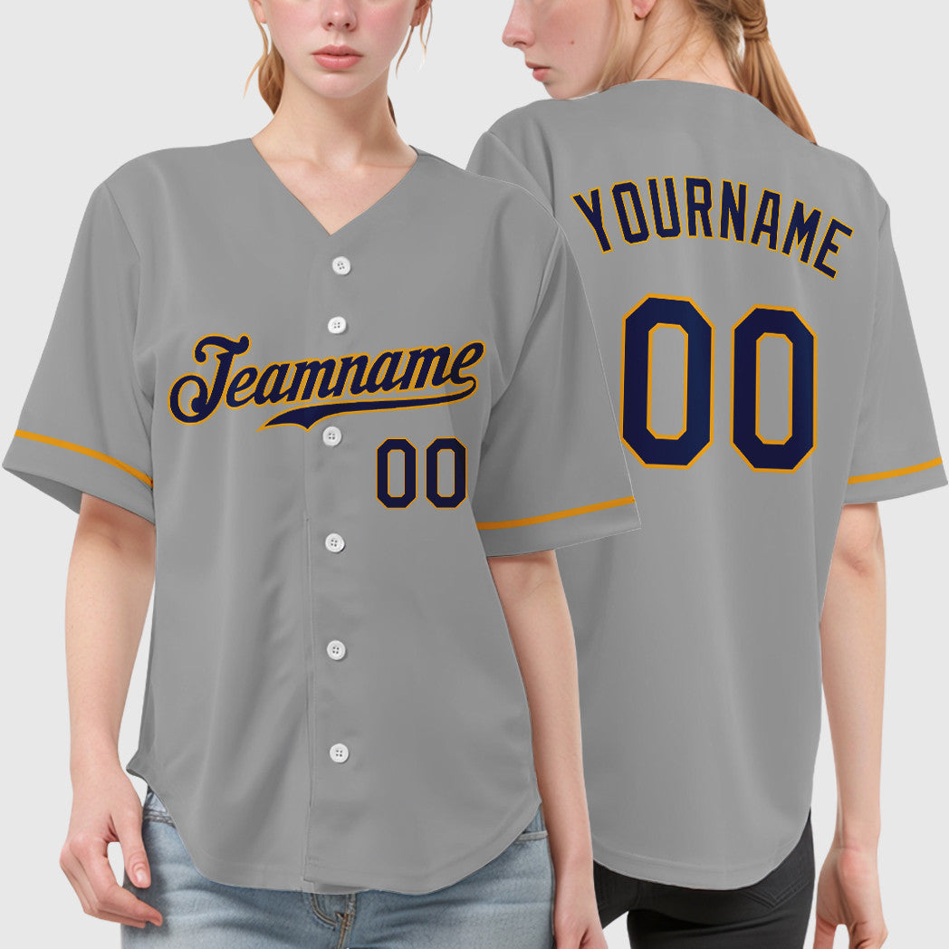 Custom Gray Navy Navy-Gold Baseball Jersey