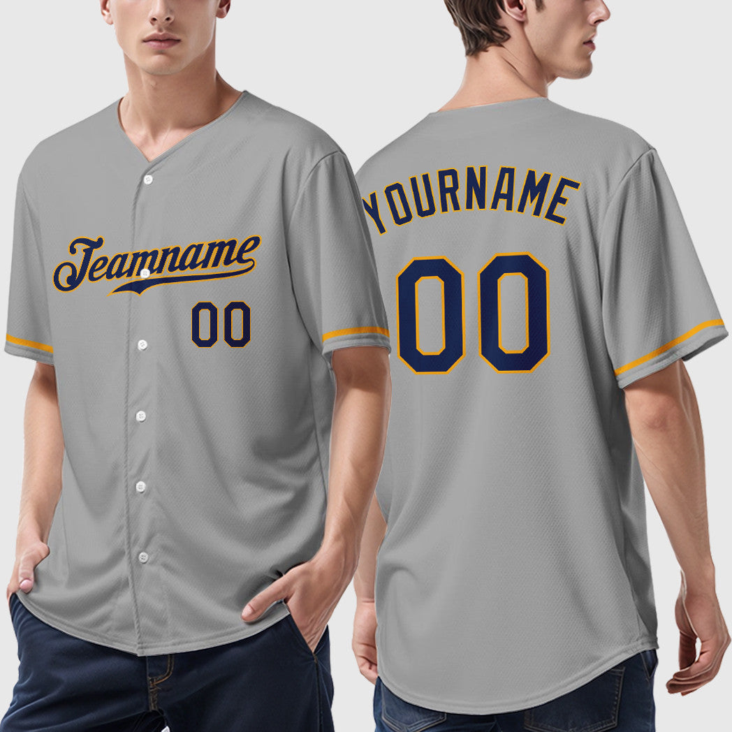 Custom Gray Navy Navy-Gold Baseball Jersey