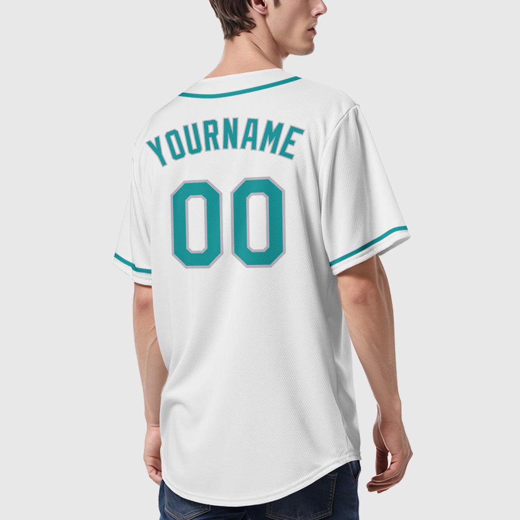 Custom White Teal Gray Sleeve Baseball Jersey