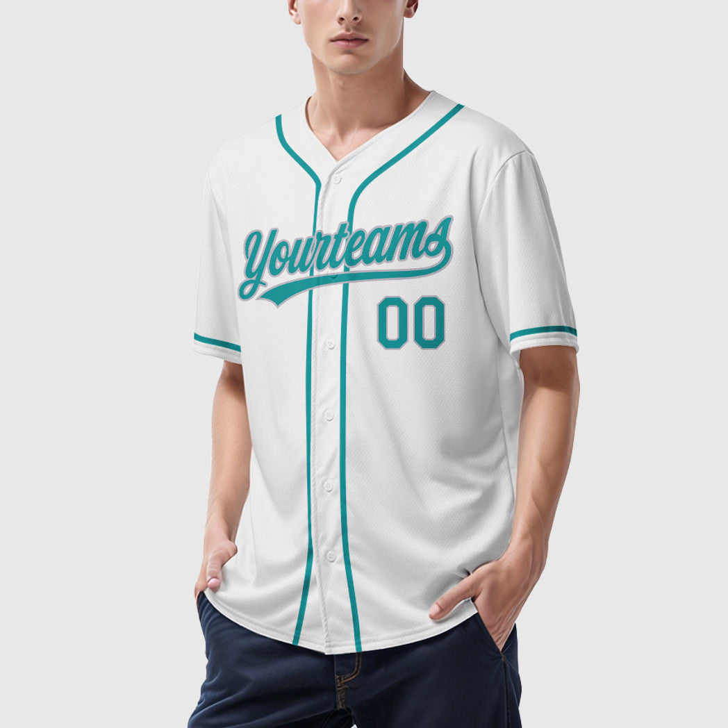Custom White Teal Gray Sleeve Baseball Jersey