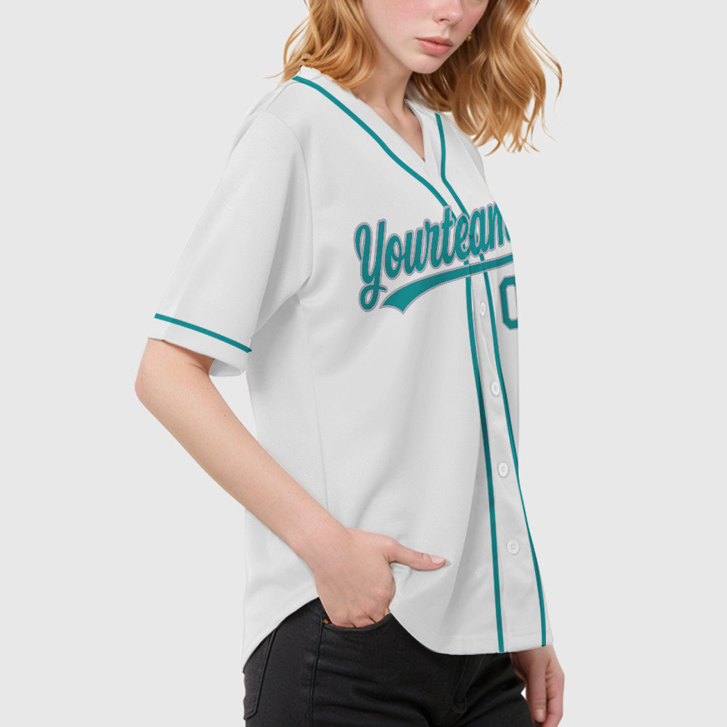Custom White Teal Gray Sleeve Baseball Jersey