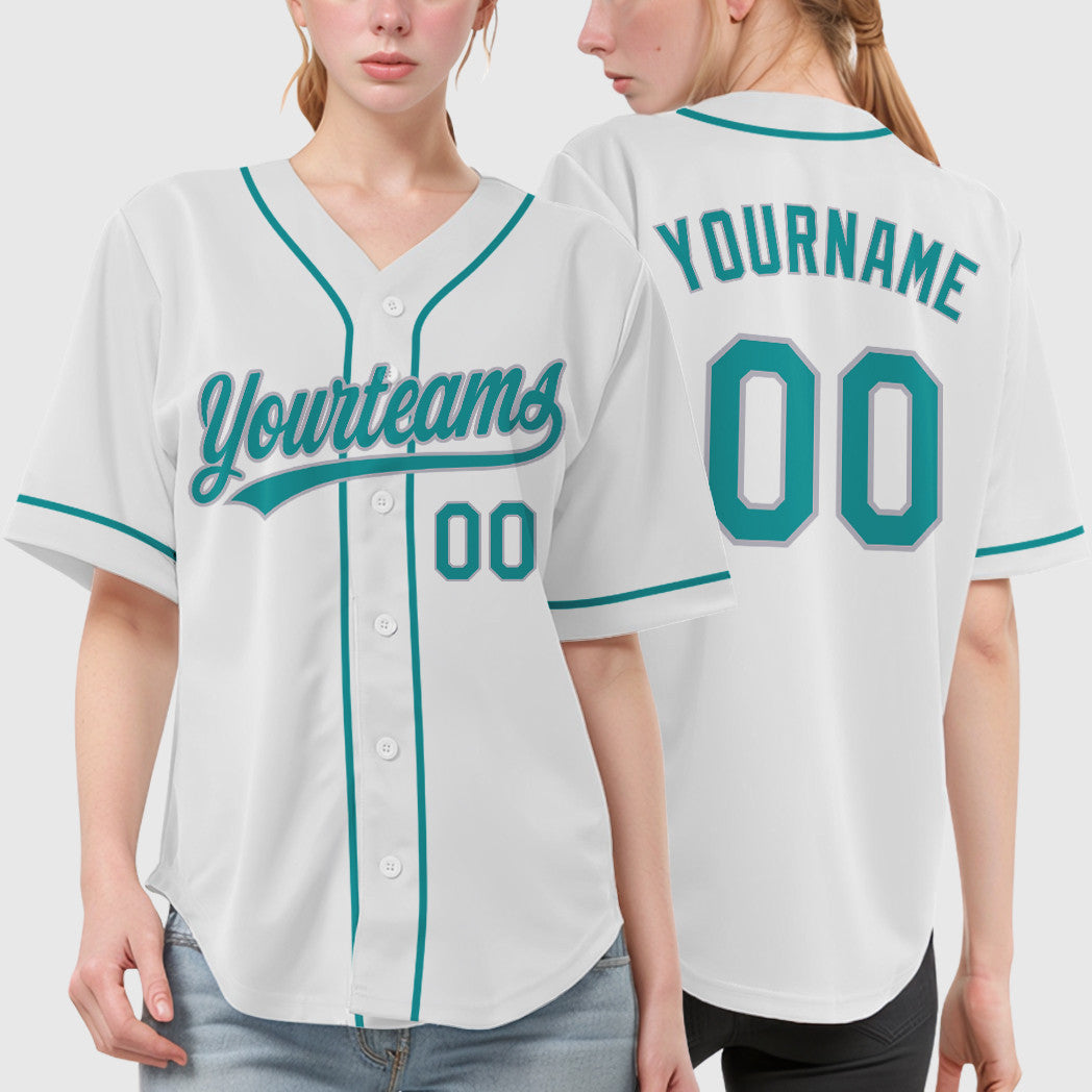 Custom White Teal Gray Sleeve Baseball Jersey