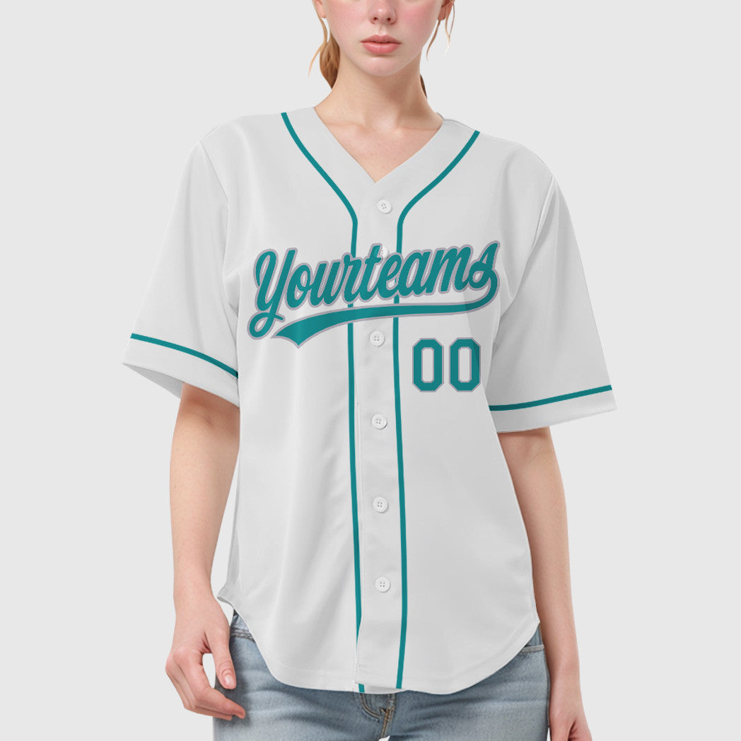 Custom White Teal Gray Sleeve Baseball Jersey