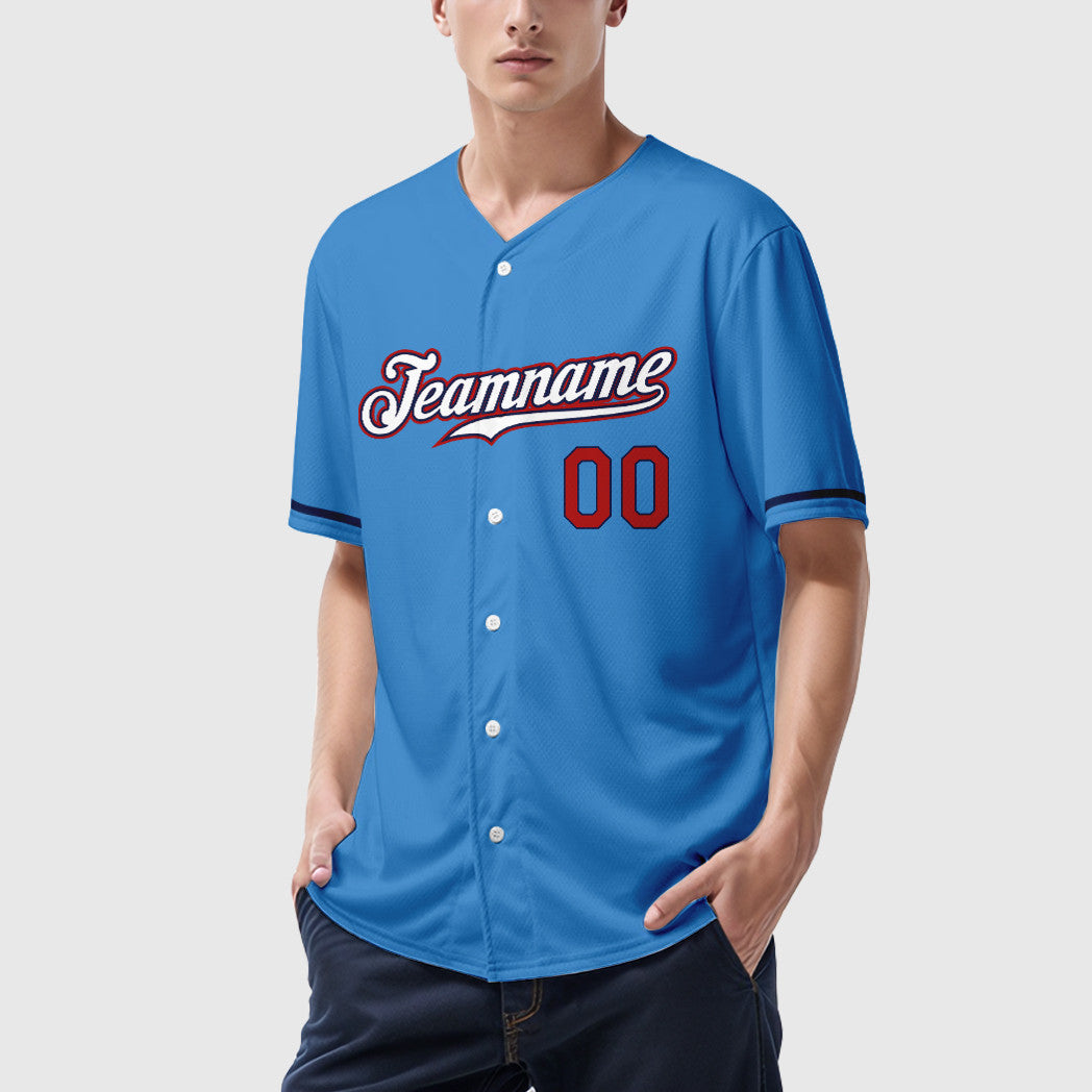 Custom Powder Blue Red White-Navy Baseball Jersey