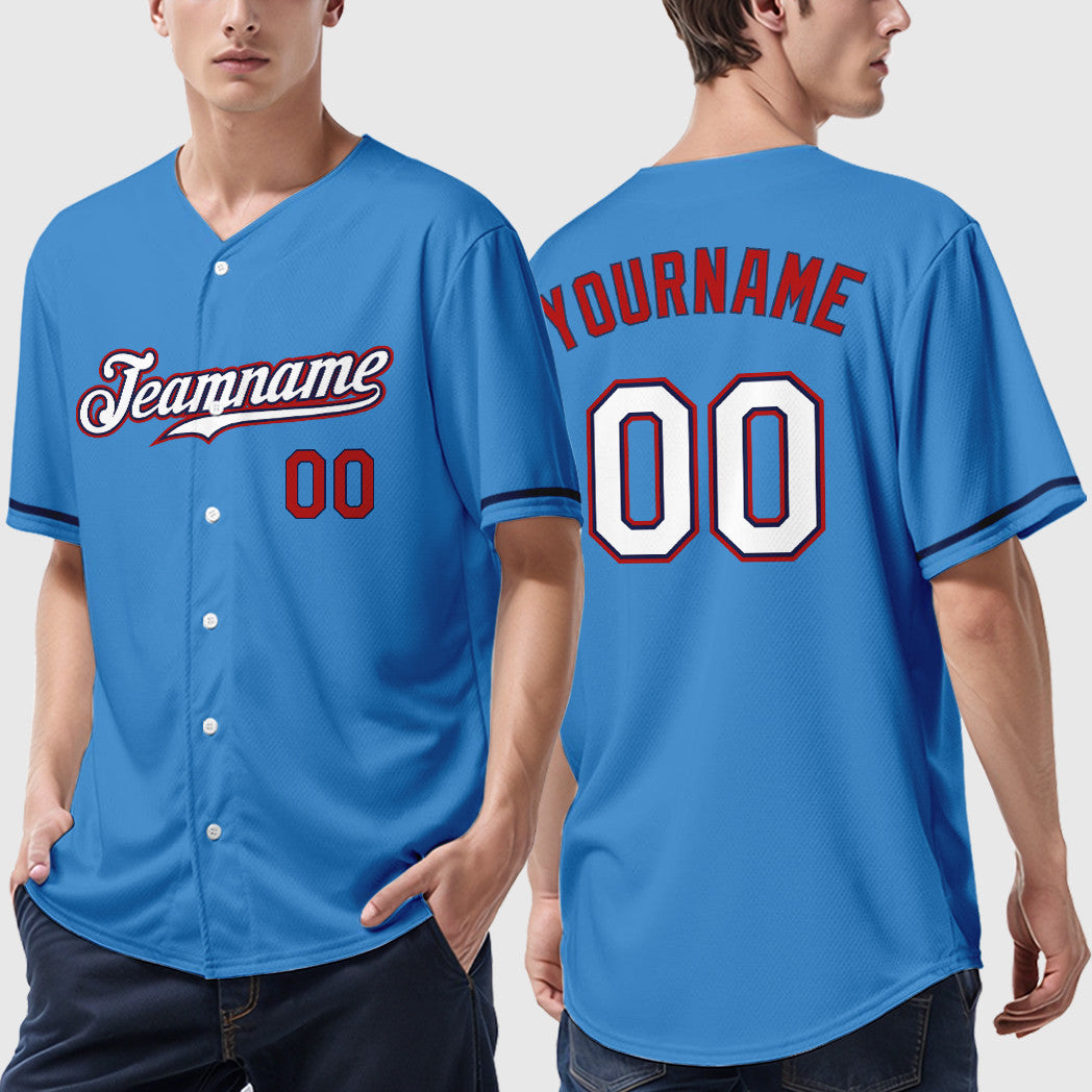 Custom Powder Blue Red White-Navy Baseball Jersey