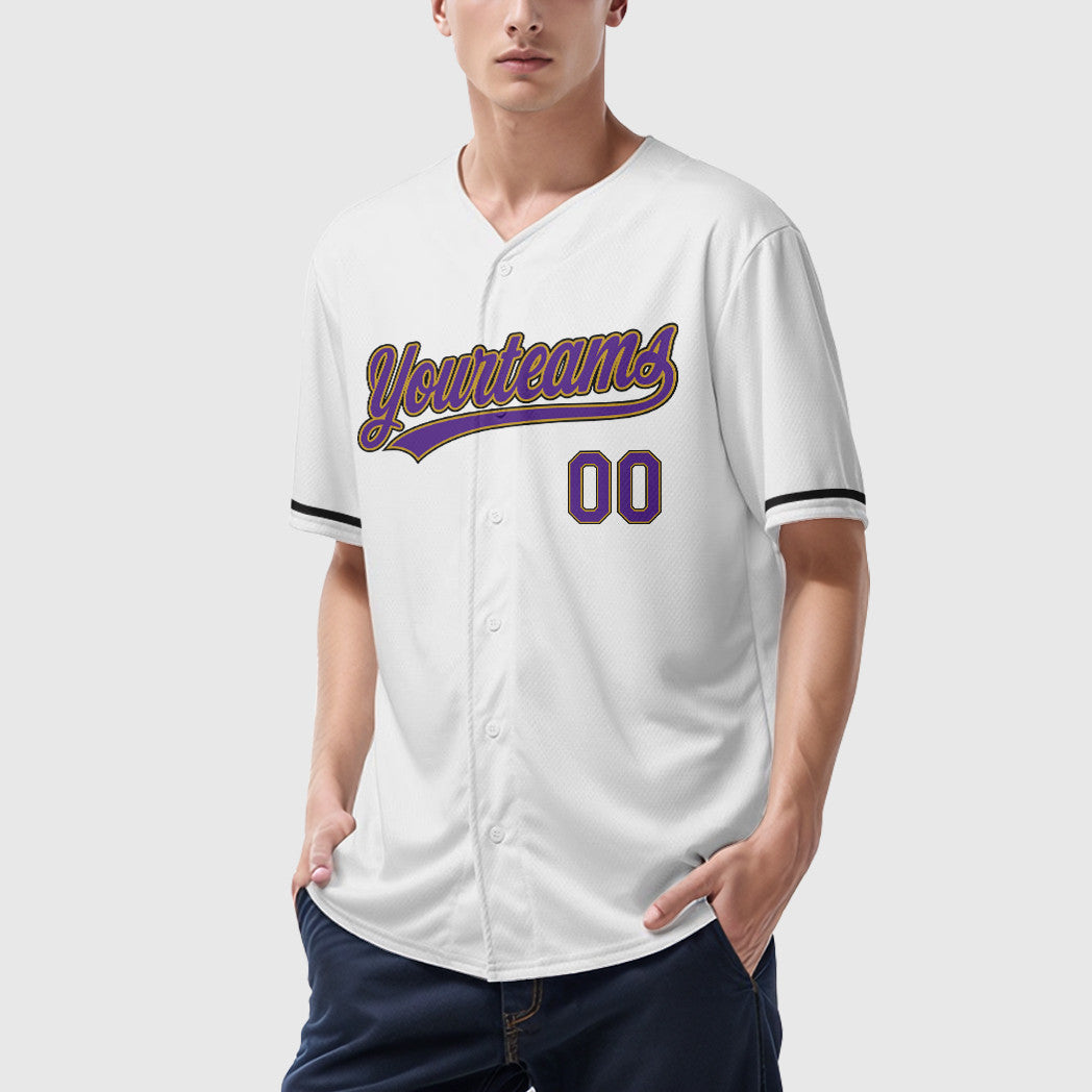 Custom White Purple Purple Old Gold-Black Baseball Jersey