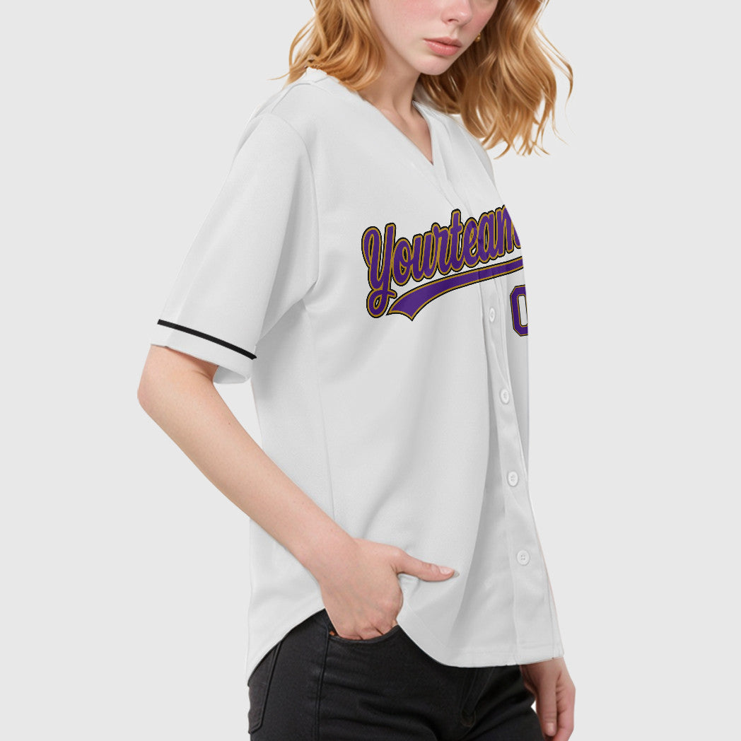 Custom White Purple Purple Old Gold-Black Baseball Jersey