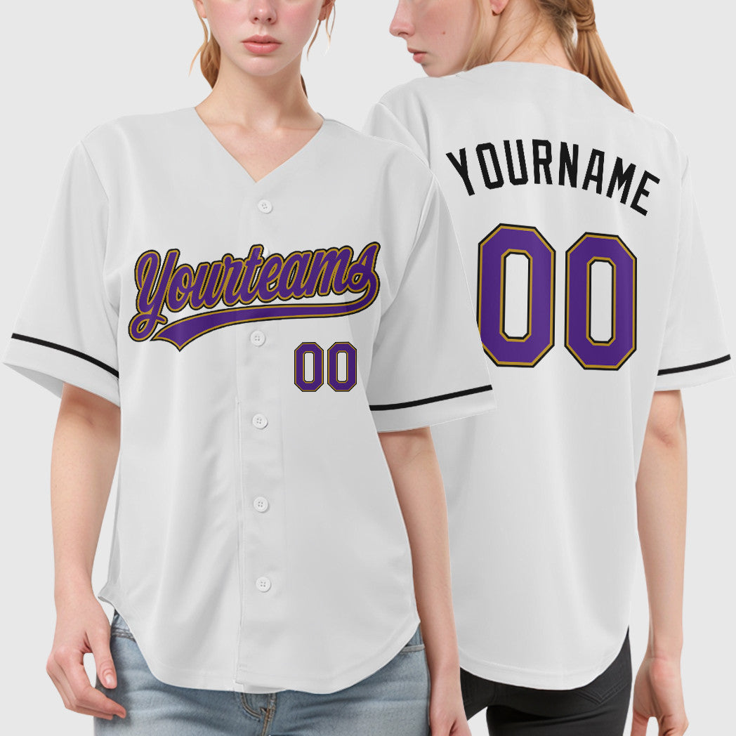 Custom White Purple Purple Old Gold-Black Baseball Jersey