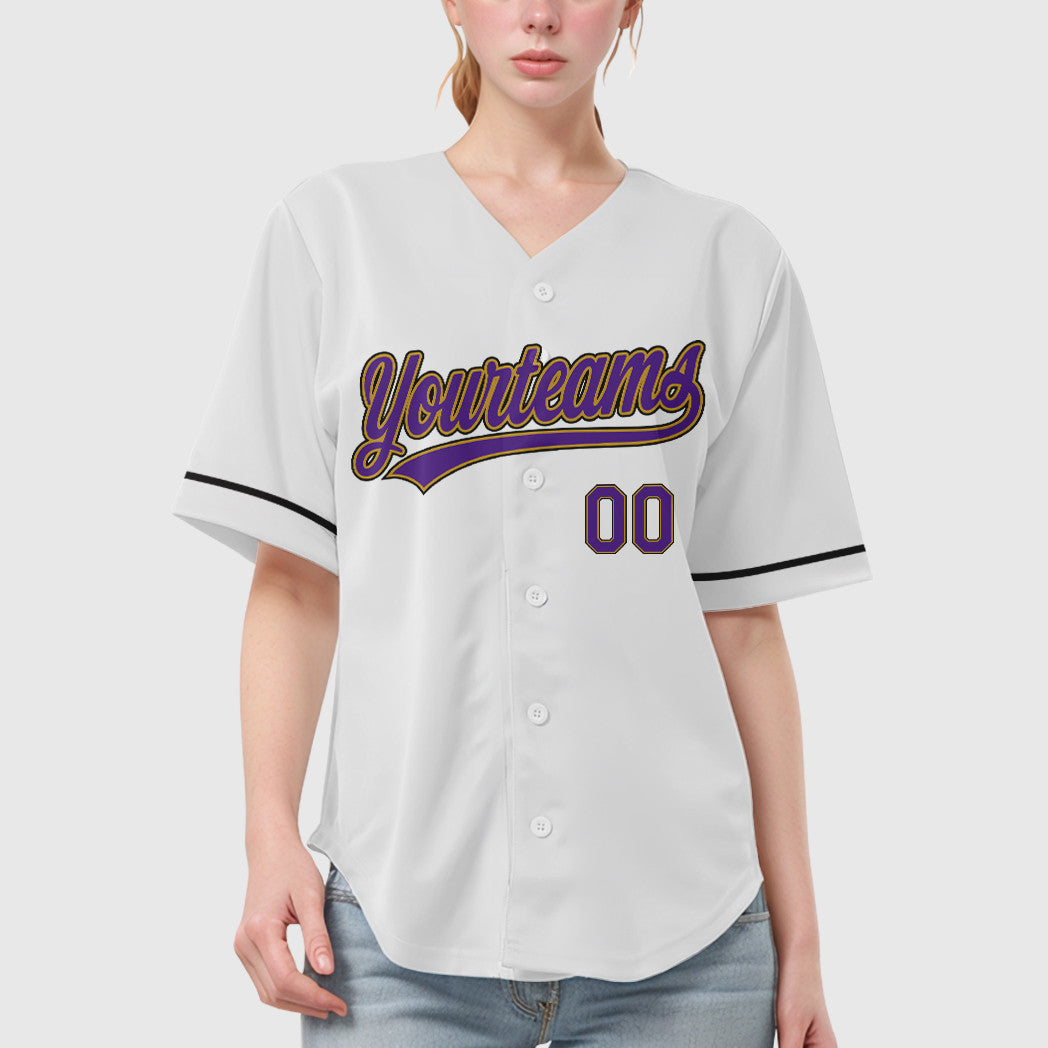 Custom White Purple Purple Old Gold-Black Baseball Jersey