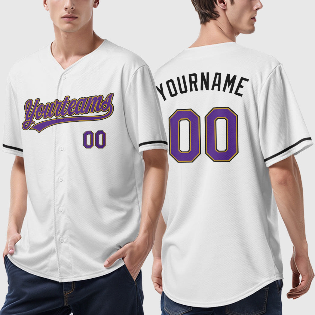 Custom White Purple Purple Old Gold-Black Baseball Jersey