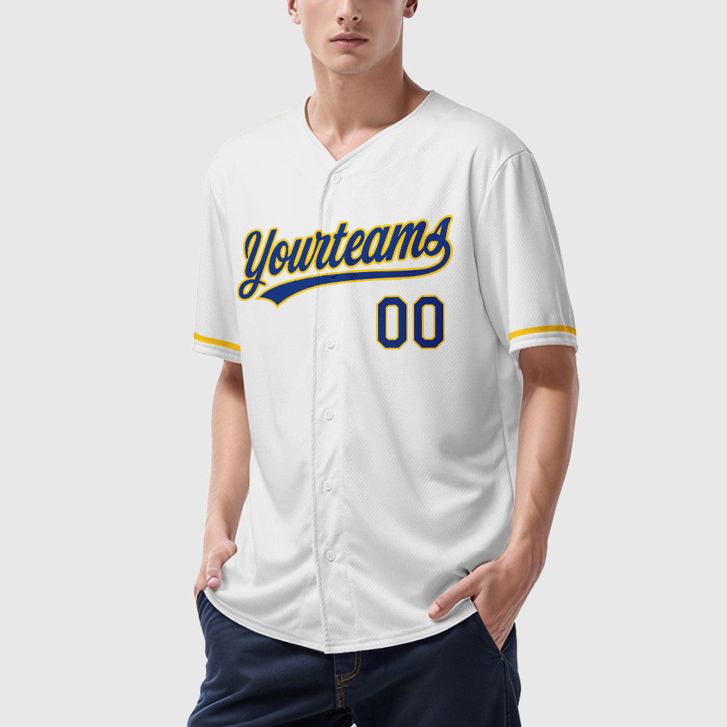 Custom White Royal Royal-Yellow Baseball Jersey