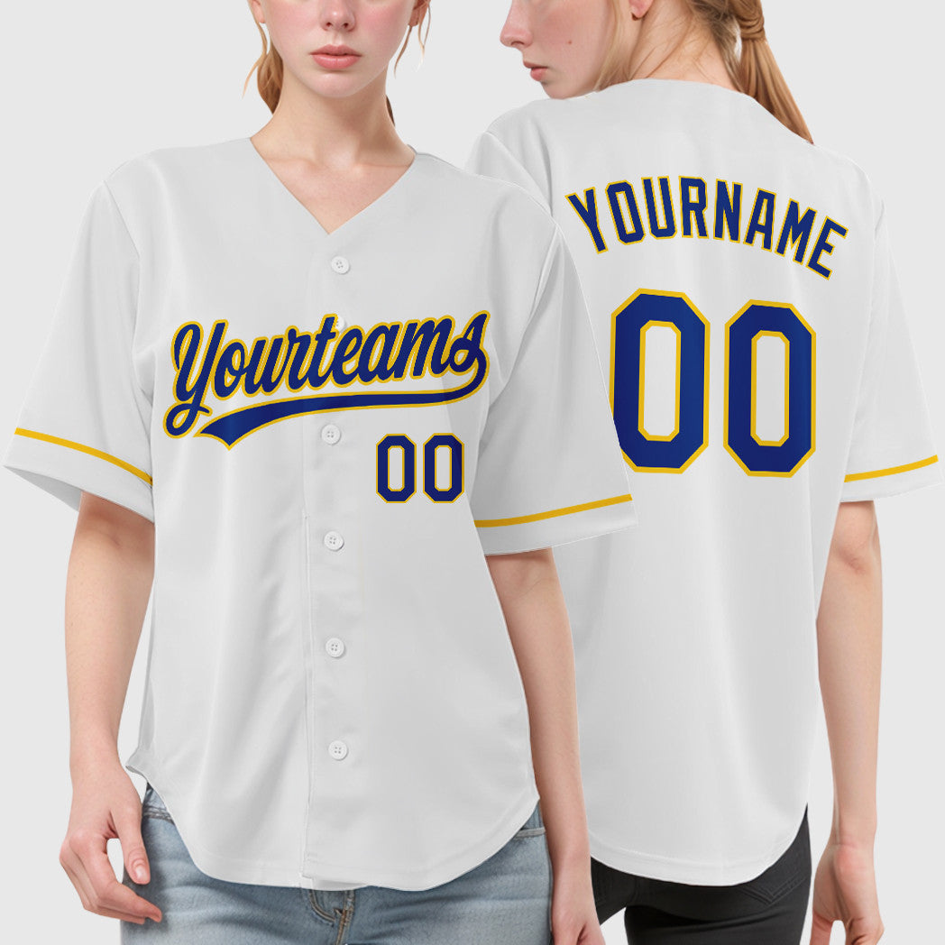 Custom White Royal Royal-Yellow Baseball Jersey