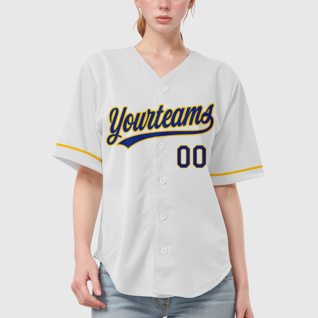Custom White Royal Royal-Yellow Baseball Jersey