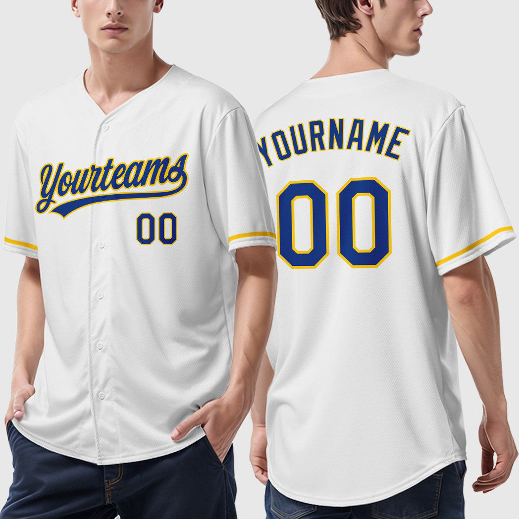 Custom White Royal Royal-Yellow Baseball Jersey