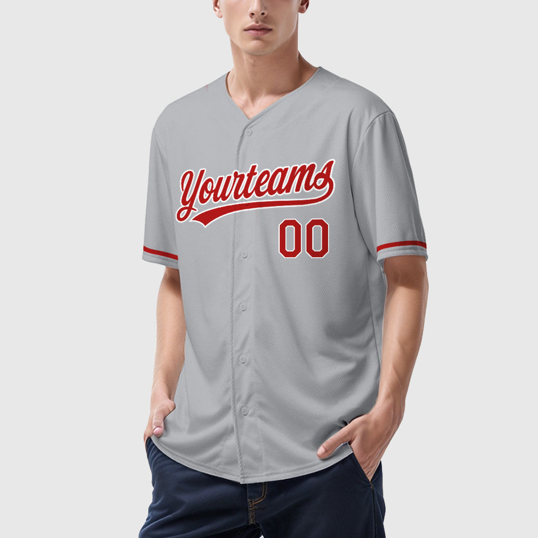 Custom Gray White Red Baseball Jersey