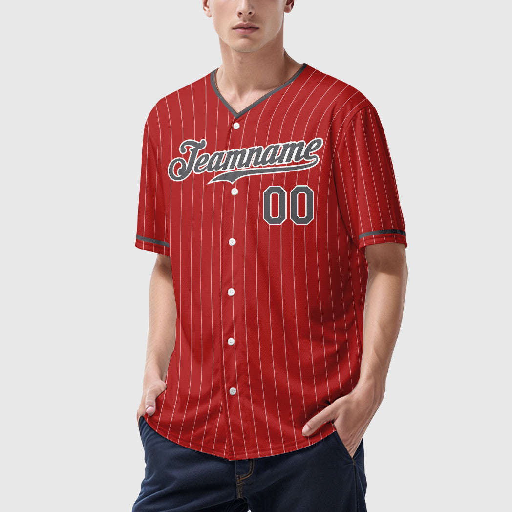 Custom Red White Steel Gray Pinstripe Baseball Jersey