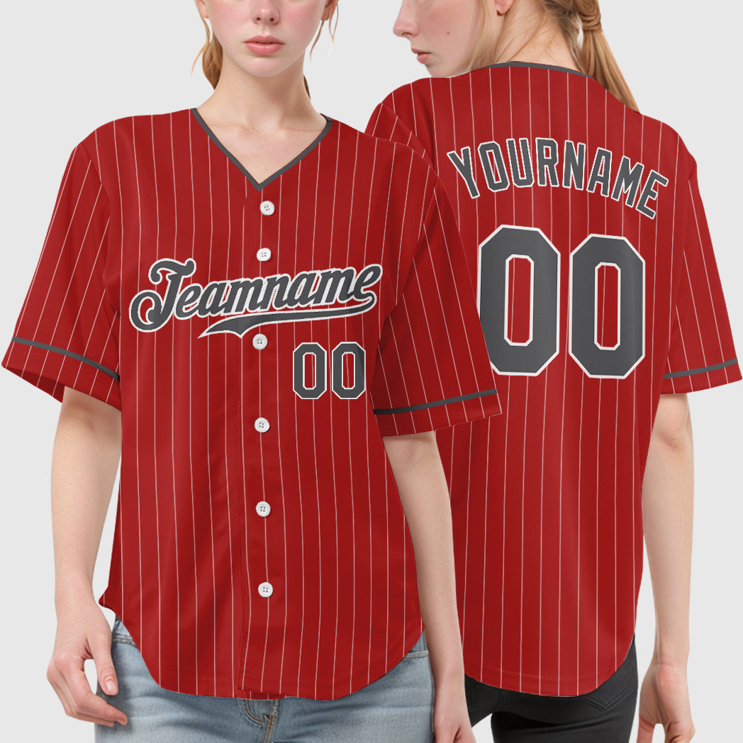 Custom Red White Steel Gray Pinstripe Baseball Jersey