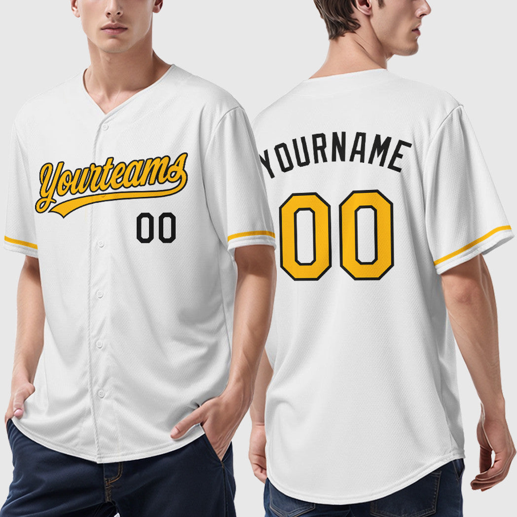 Custom White Black Gold Baseball Jersey