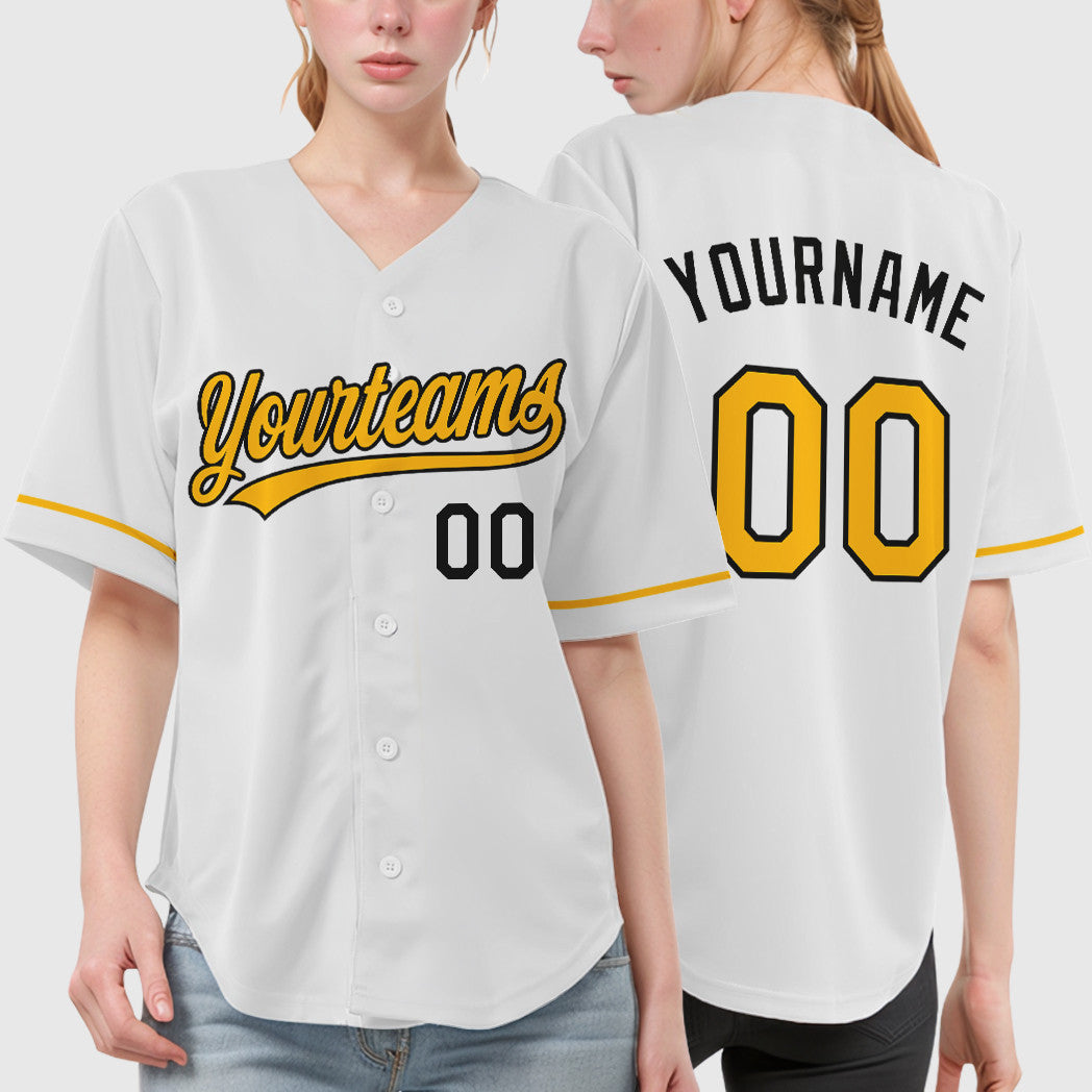 Custom White Black Gold Baseball Jersey
