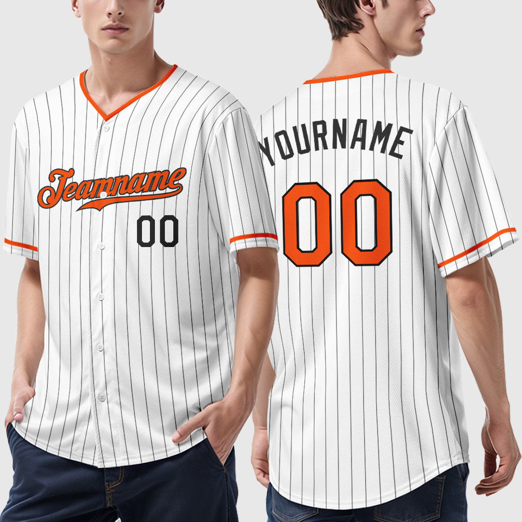 Custom White Black Orange Pinstripe Baseball Jersey