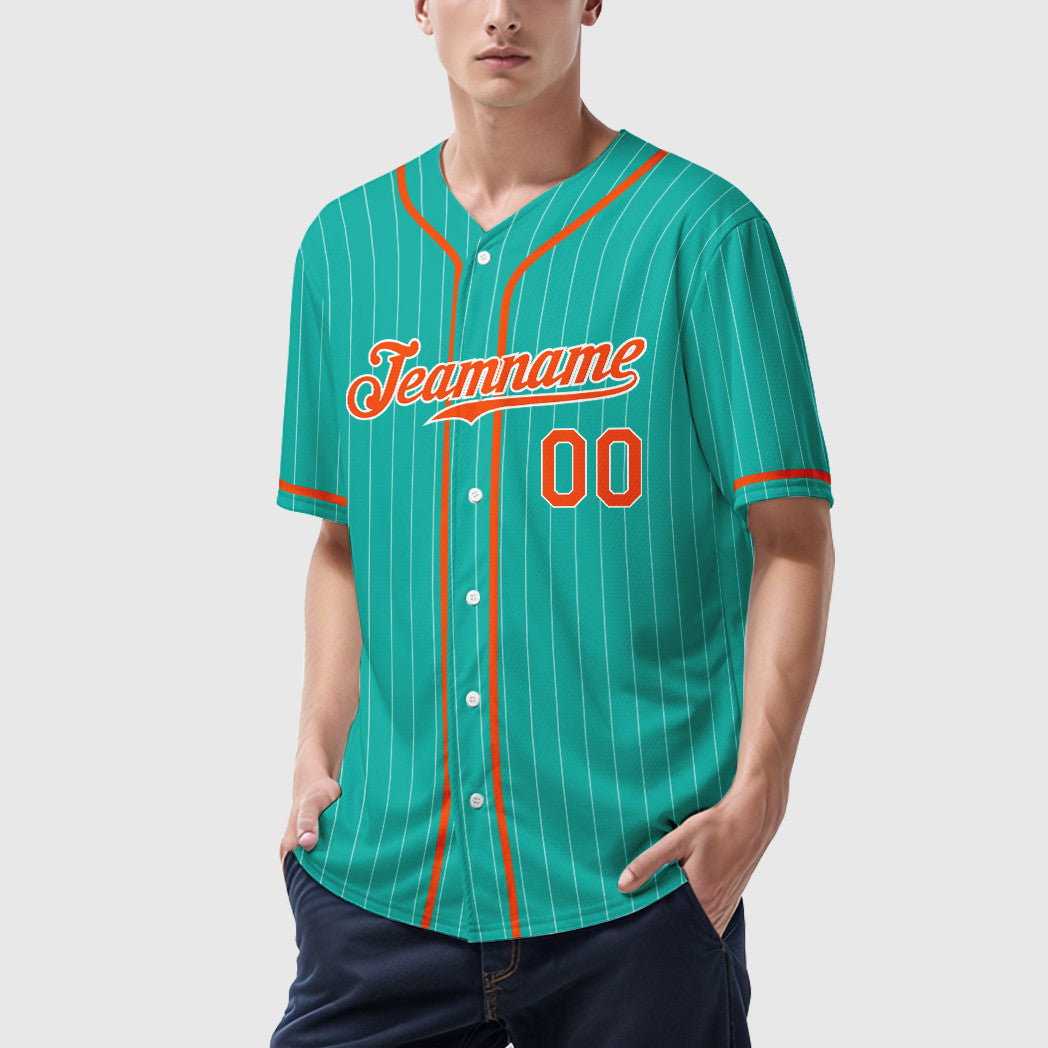 Custom Aqua White Orange Piping Pinstripe Baseball Jersey