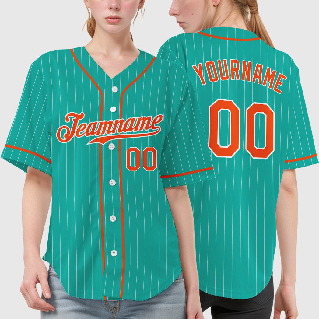 Custom Aqua White Orange Piping Pinstripe Baseball Jersey