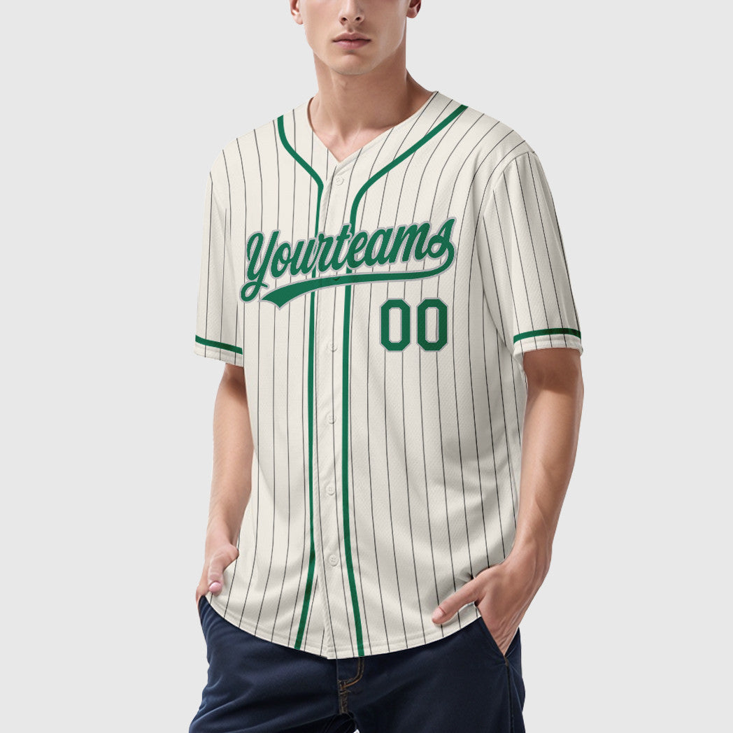 Custom Cream Gray Kelly Green Piping Pinstripe Baseball Jersey