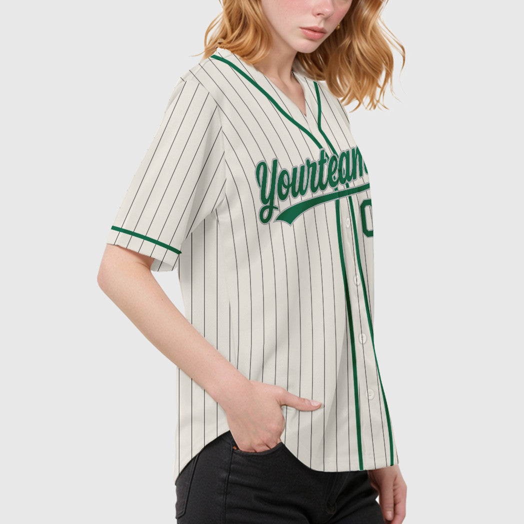 Custom Cream Gray Kelly Green Piping Pinstripe Baseball Jersey