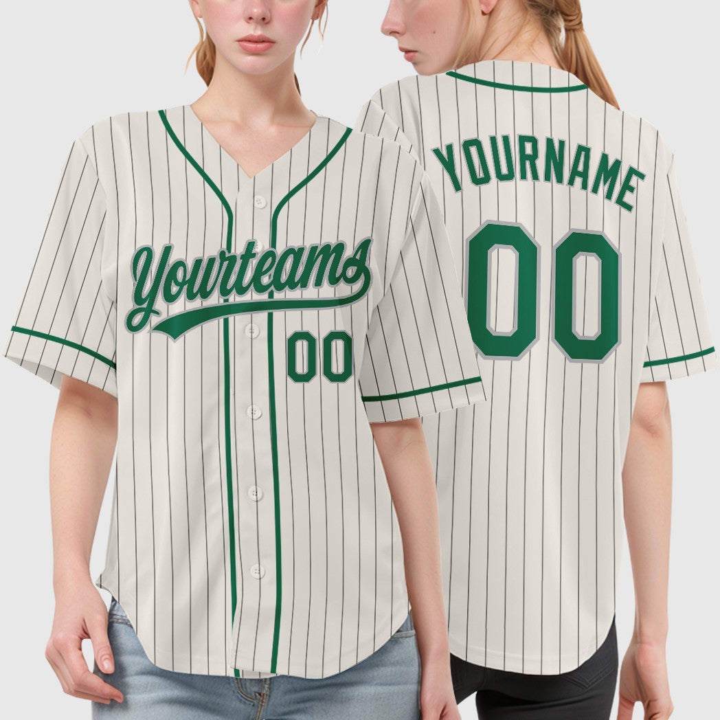Custom Cream Gray Kelly Green Piping Pinstripe Baseball Jersey