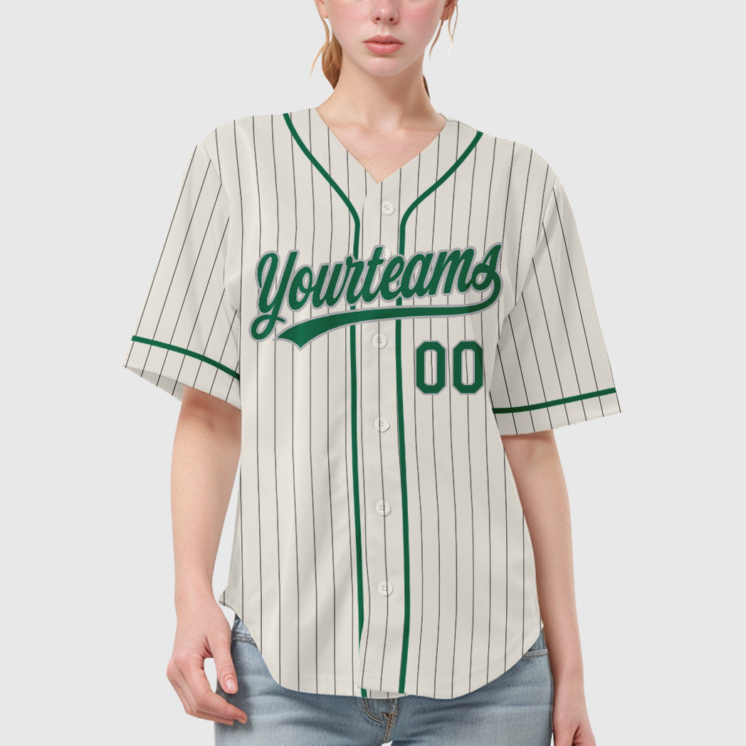 Custom Cream Gray Kelly Green Piping Pinstripe Baseball Jersey