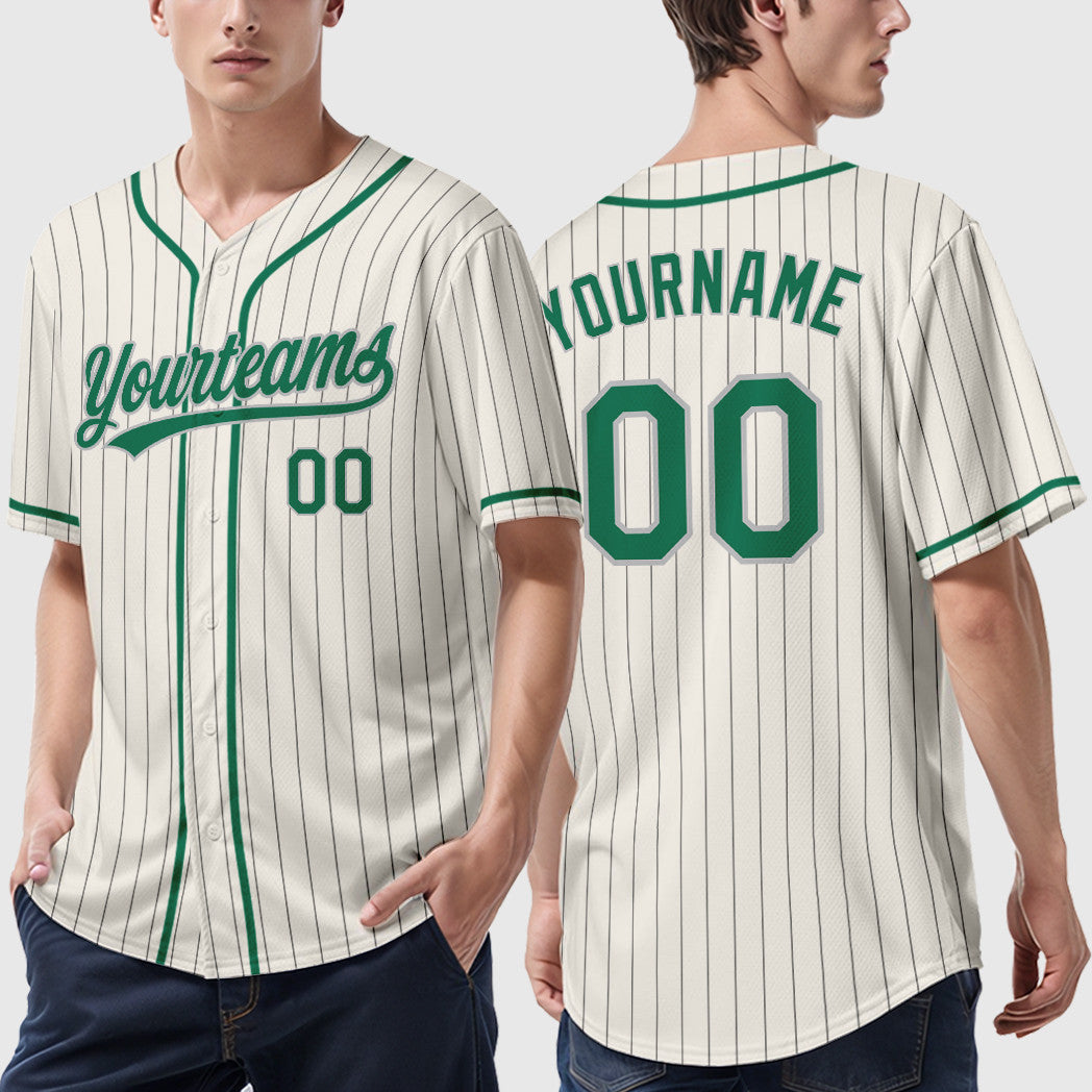 Custom Cream Gray Kelly Green Piping Pinstripe Baseball Jersey
