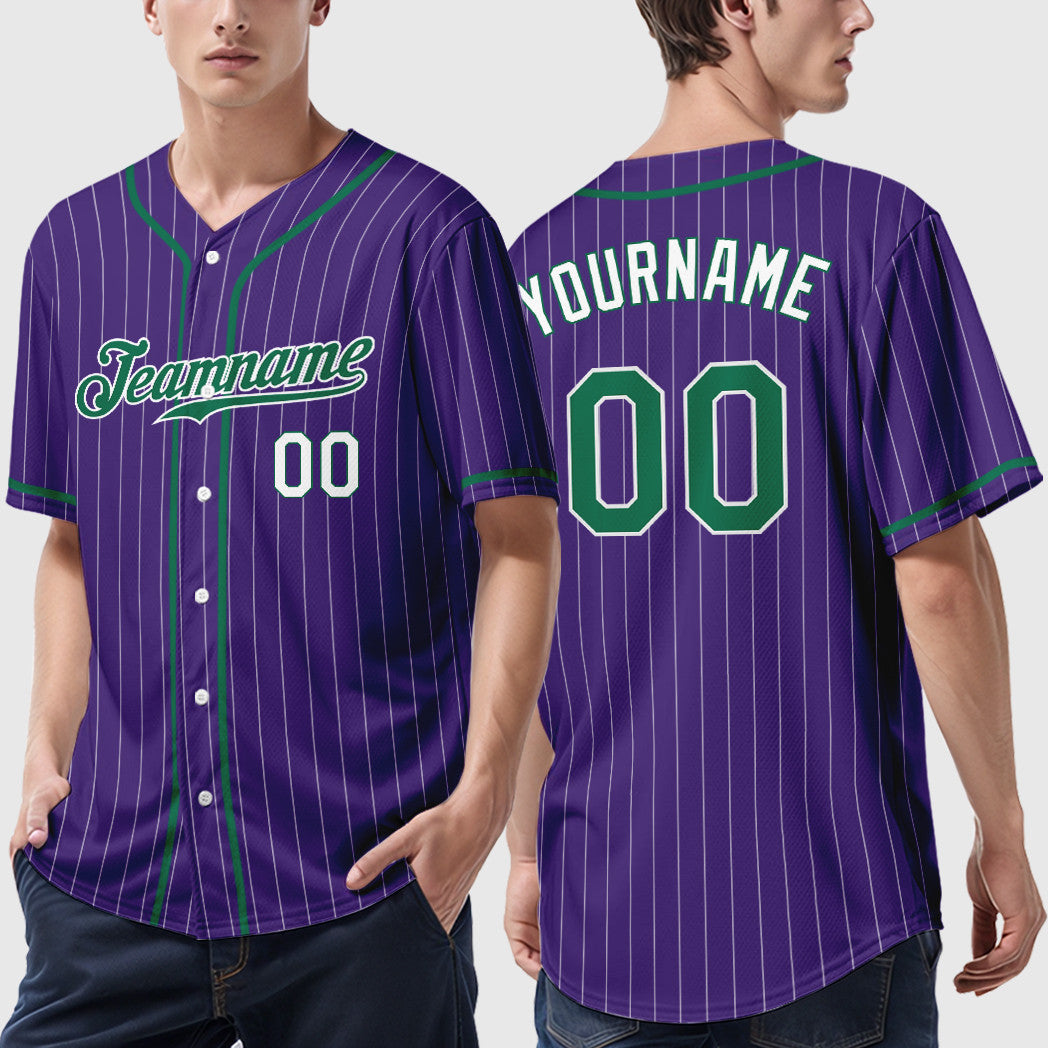 Custom Purple White Kelly Green-White Piping Pinstripe Baseball Jersey
