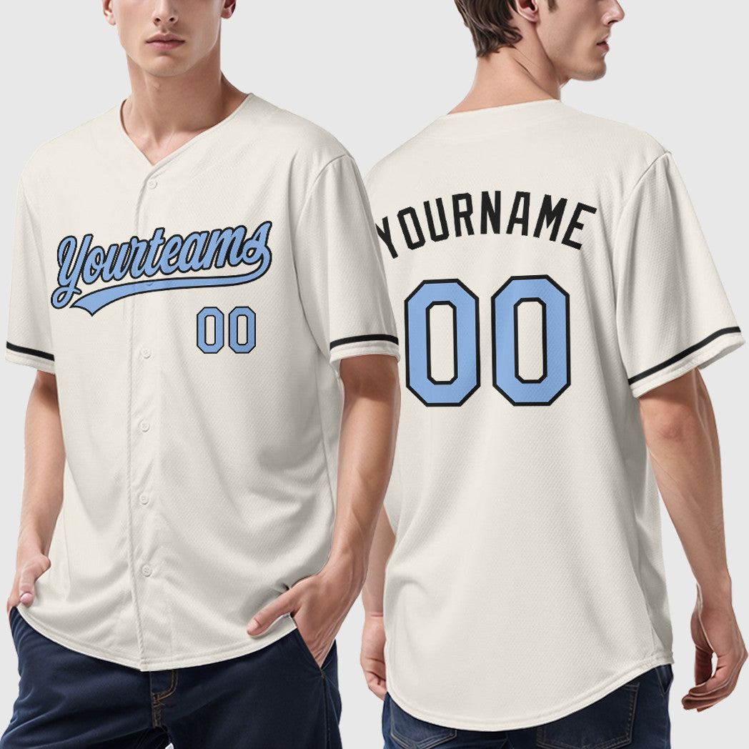 Custom Cream Light Blue Black Baseball Jersey
