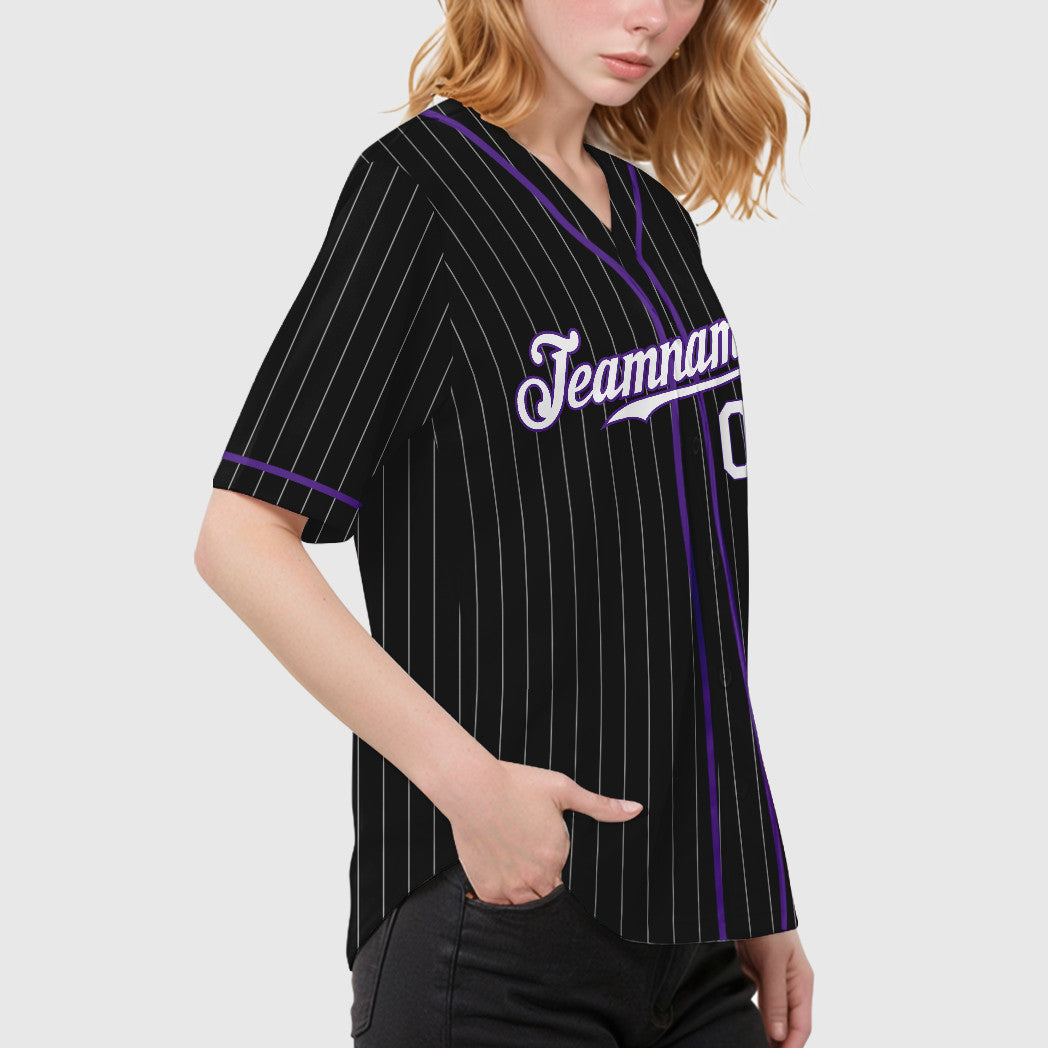 Custom Black White White-Purple Piping Pinstripe Baseball Jersey
