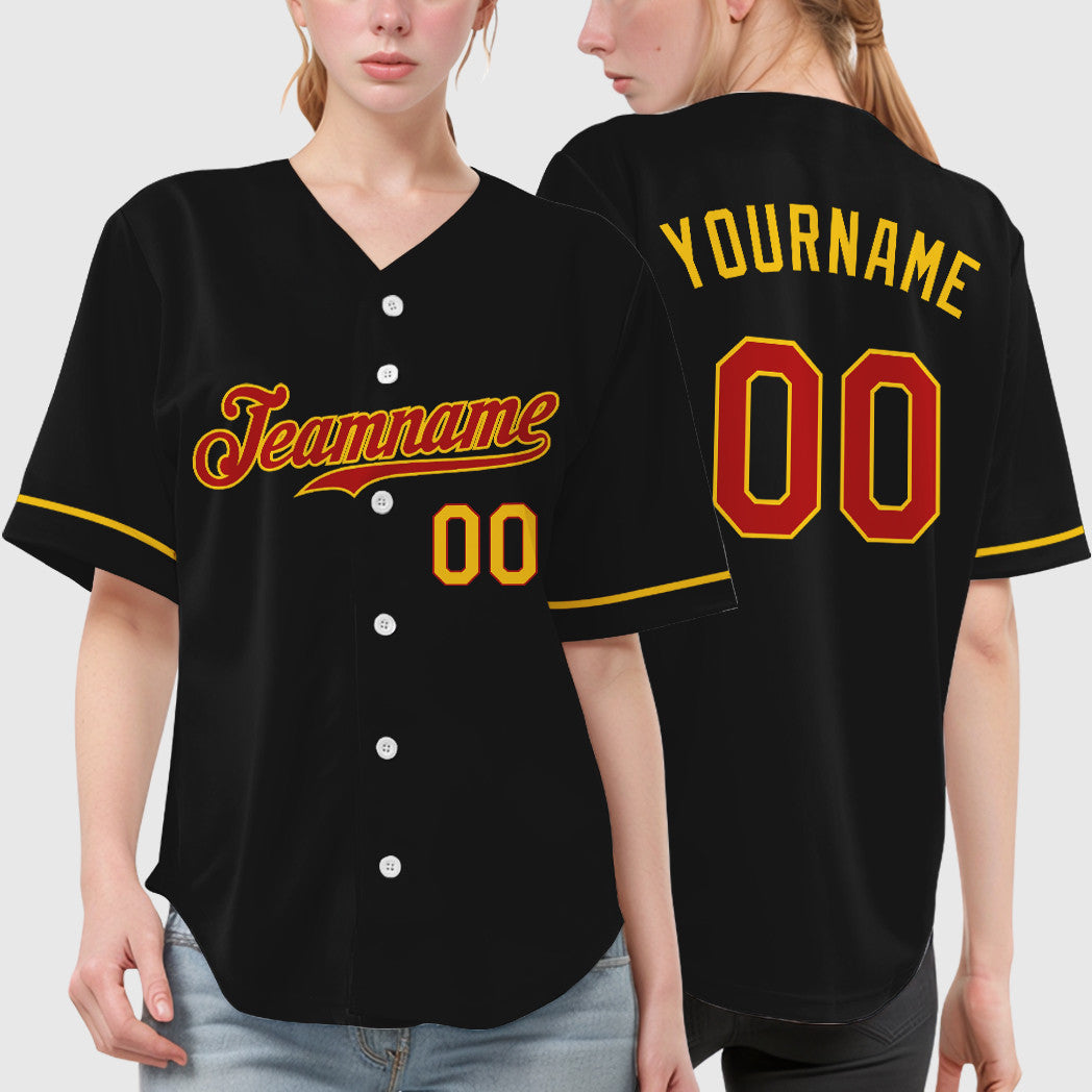 Custom Black Red Red-Yellow Baseball Jersey